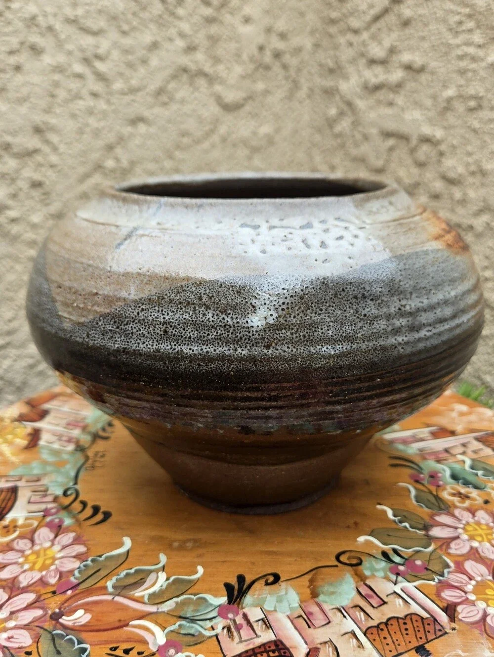 VTG‎ California Studio Art Pottery Vase Signed WF Brown Stoneware Squat Vessel